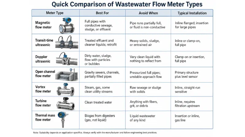 Comparison chart of wastewater flow meter types including magnetic, ultrasonic, open channel, vortex, turbine, and thermal mass meters.