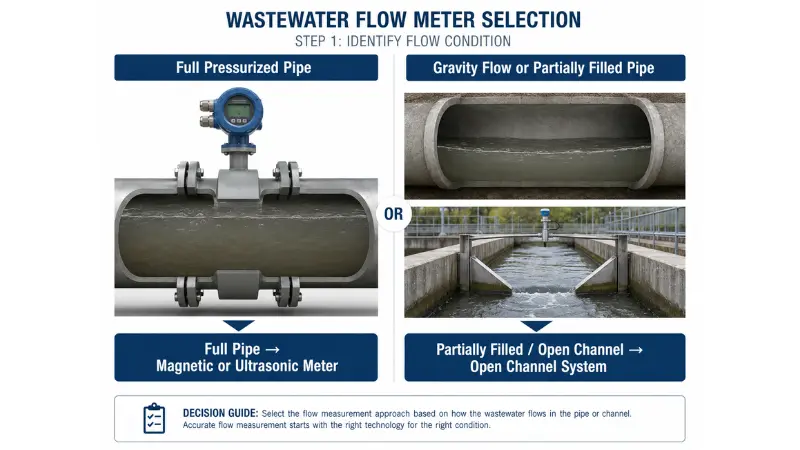 Full pressurized wastewater pipe compared with partially filled pipe and open channel flow measurement.