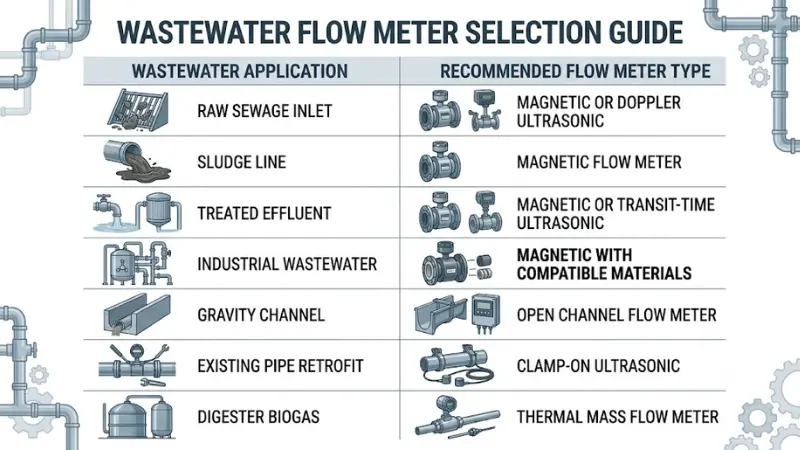 Wastewater flow meter application selection chart for raw sewage, sludge, treated effluent, industrial wastewater, gravity channels, retrofit pipes, and biogas.