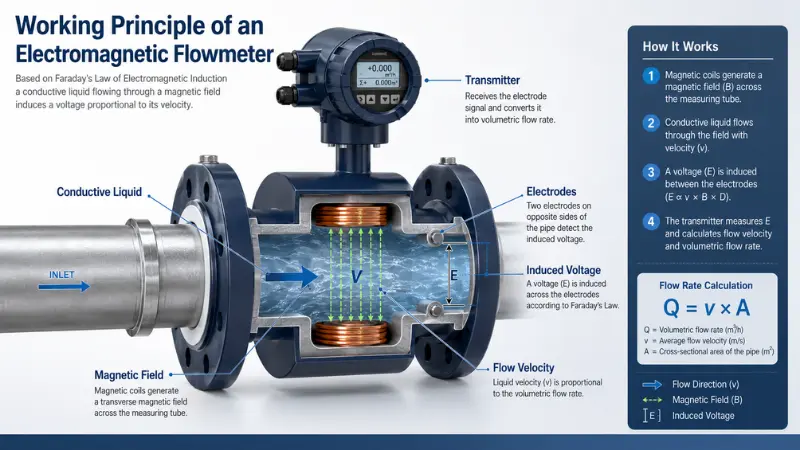 Electromagnetic flowmeter working principle showing magnetic field electrodes induced voltage and conductive liquid flow Electromagnetic flowmeter working principle showing magnetic field electrodes induced voltage and conductive liquid flow