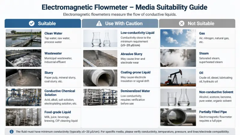 Electromagnetic flowmeter liquid suitability chart showing suitable caution and unsuitable media Electromagnetic flowmeter liquid suitability chart showing suitable caution and unsuitable media