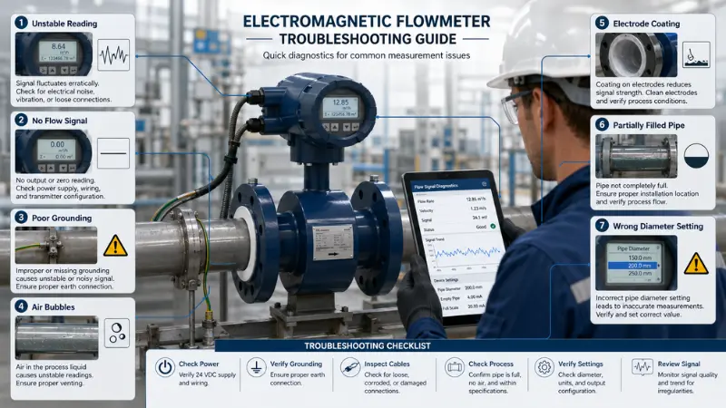 Electromagnetic flowmeter troubleshooting for unstable reading no flow signal poor grounding and electrode coating Electromagnetic flowmeter troubleshooting for unstable reading no flow signal poor grounding and electrode coating