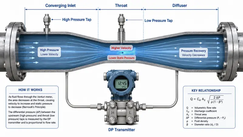 How a Venturi flow meter works with converging section throat diffuser and differential pressure transmitter How a Venturi flow meter works with converging section throat diffuser and differential pressure transmitter