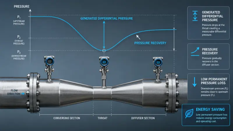 Venturi flow meter pressure recovery diagram showing low permanent pressure loss Venturi flow meter pressure recovery diagram showing low permanent pressure loss