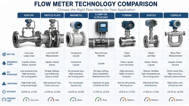 Comparison of Venturi orifice magnetic ultrasonic turbine vortex and Coriolis flow meters Comparison of Venturi orifice magnetic ultrasonic turbine vortex and Coriolis flow meters