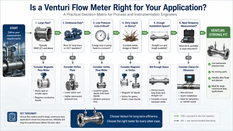 Decision matrix for choosing a Venturi flow meter based on pipe size pressure loss fluid and installation space Decision matrix for choosing a Venturi flow meter based on pipe size pressure loss fluid and installation space