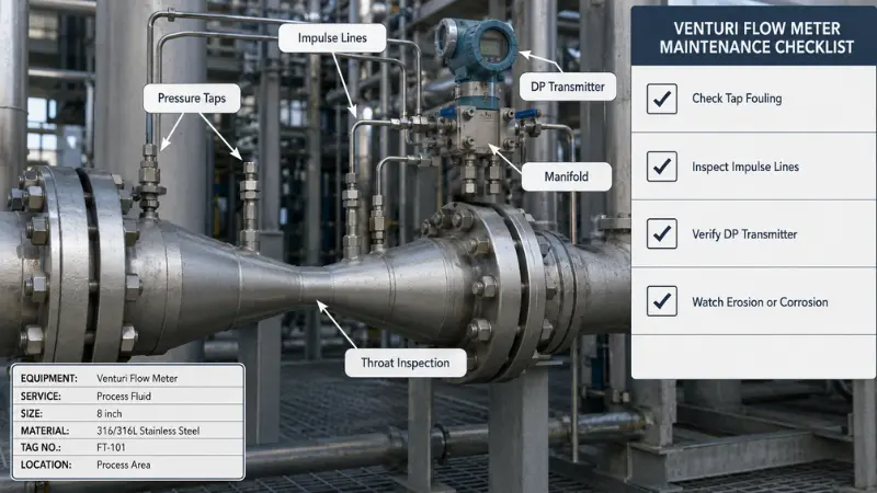 Venturi flow meter maintenance checklist for pressure taps impulse lines DP transmitter and throat inspection Venturi flow meter maintenance checklist for pressure taps impulse lines DP transmitter and throat inspection